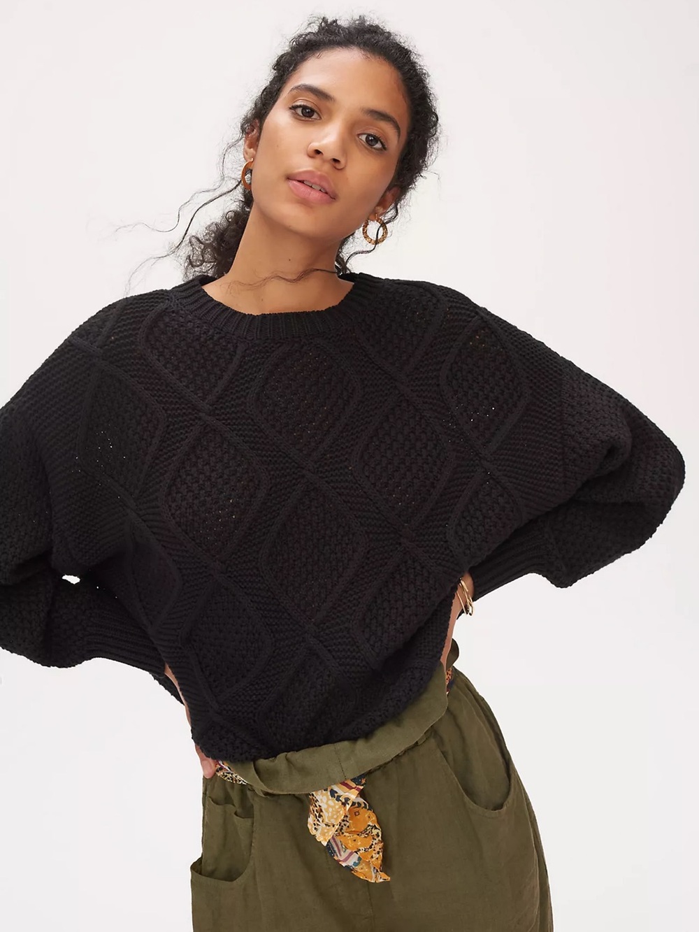 ANTHROPOLOGIE Signe Cable-Knit Sweater Black XS